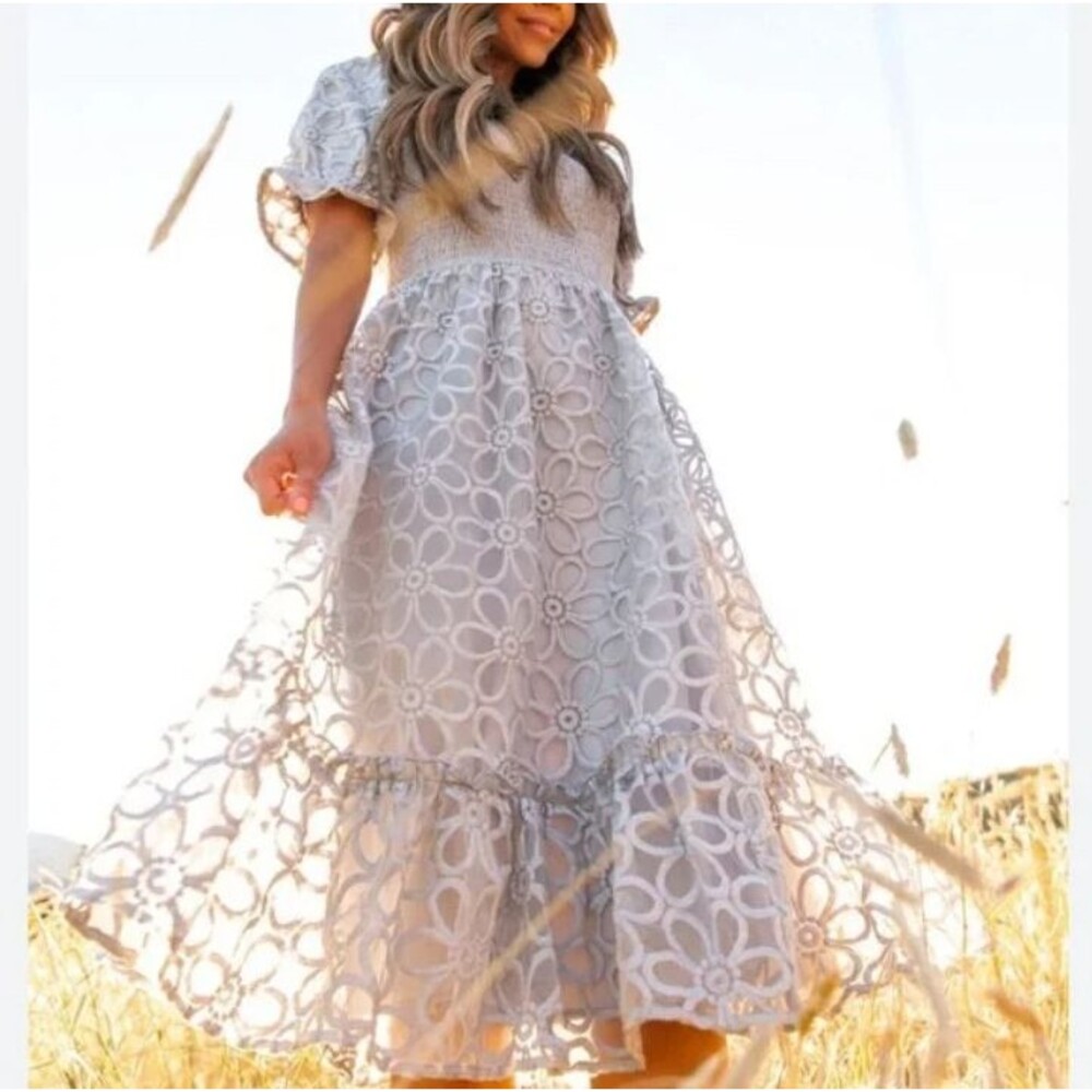 Ivy City Dress Women L Gray Floral Smocked Midi Puff Sleeve Mommy Cottage Boho